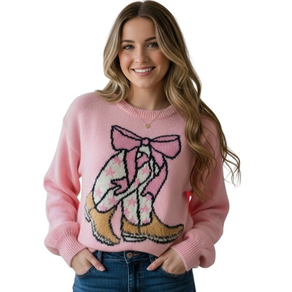SIMPLY SOUTHRN Pink Cowgirl Boots Bow Knit Sweater Women's Cozy‎ Pullover S NWT